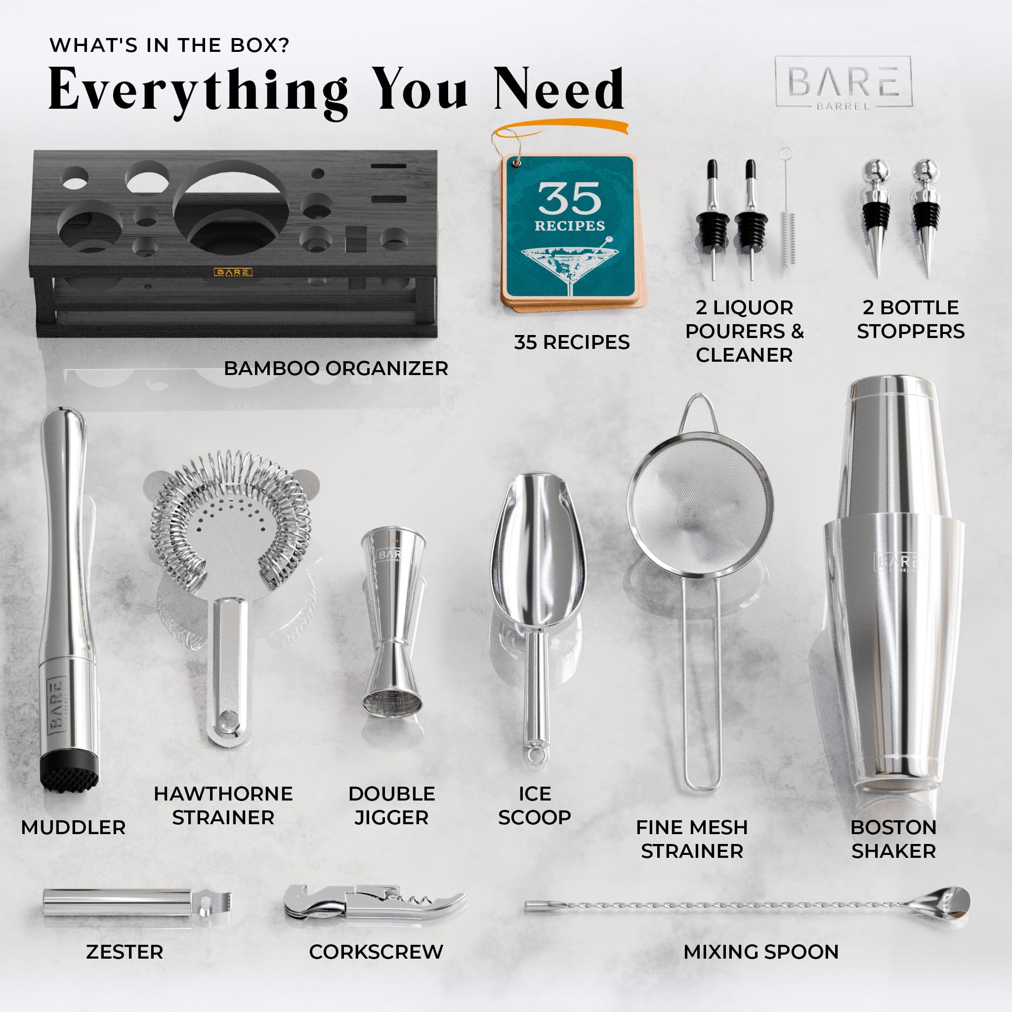BARE BARREL® Mixology Bartender Kit Bar Set | 16-Piece Cocktail Shaker Set | Martini Barware Mixing Tools for Home Bartending | Incl. 35 Recipe Cards | Gift Set (28oz Boston Shaker, Silver/Black) - Image 4