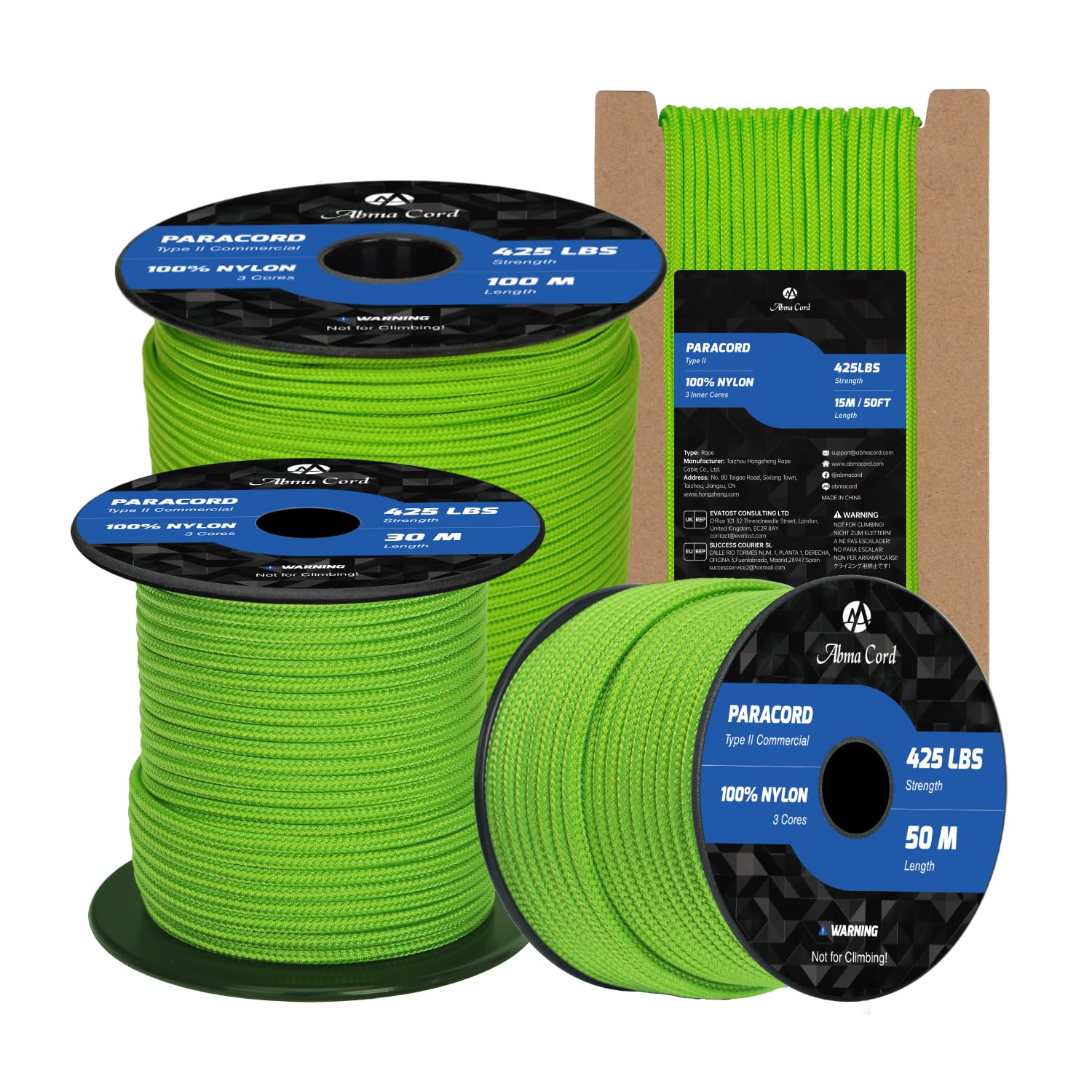 Abma Cord Paracord 3mm 100m 100% Nylon Rope Type II 3 Strands Parachute Cord - Max. 192kg (425lbs) - Neon Green