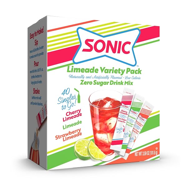 SONIC SINGLES TO GO VARIETY PACK, WATERTOK POWDERED DRINK MIX, INCLUDES 3 FLAVORS, CHERRY LIMEADE, STRAWBERRY LIMEADE, 1 BOX (40 SERVINGS)