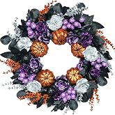 Midouha 24 Inch Pumpkins Purple Black Halloween Wreaths for Front Door | Purple Black Halloween Glitter Pumpkin Dark Rose Sparkling Full Fall Home Decor Porch Mantel Housewarming Gift Thanksgiving