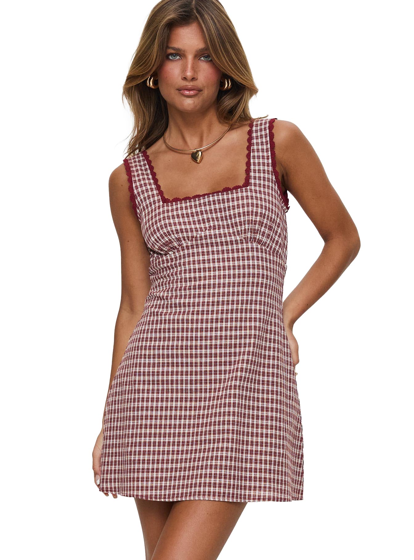 Princess Polly Dasha Red Check Lace Trim Square Neck Ruched Mini Dress