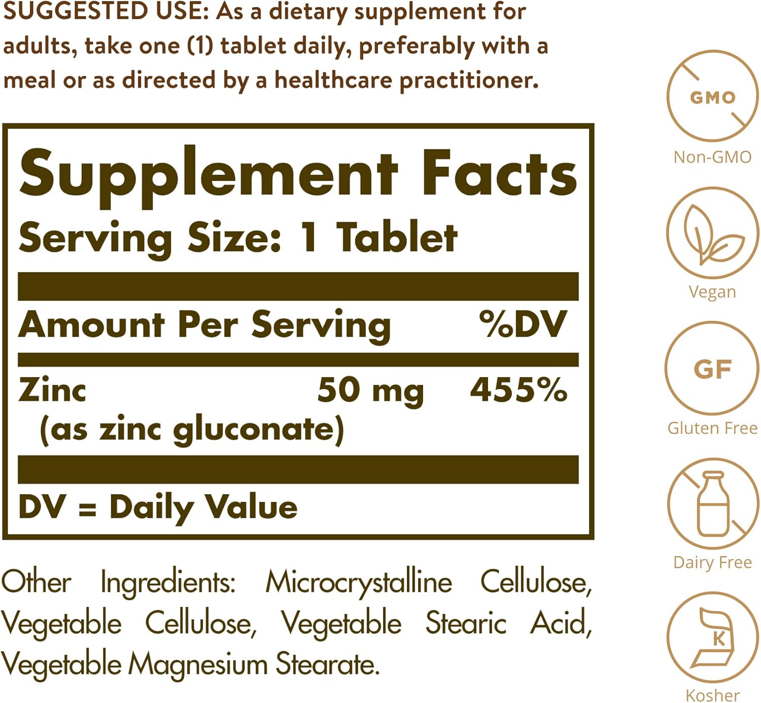 Solgar Zinc 50 mg, 100 Tablets - Zinc for Healthy Skin, Taste & Vision - Immune System & Antioxidant Support - Supports Cell Growth & DNA Formation - Non GMO, Vegan, Gluten Free - 100 Servings: Health & Personal Care