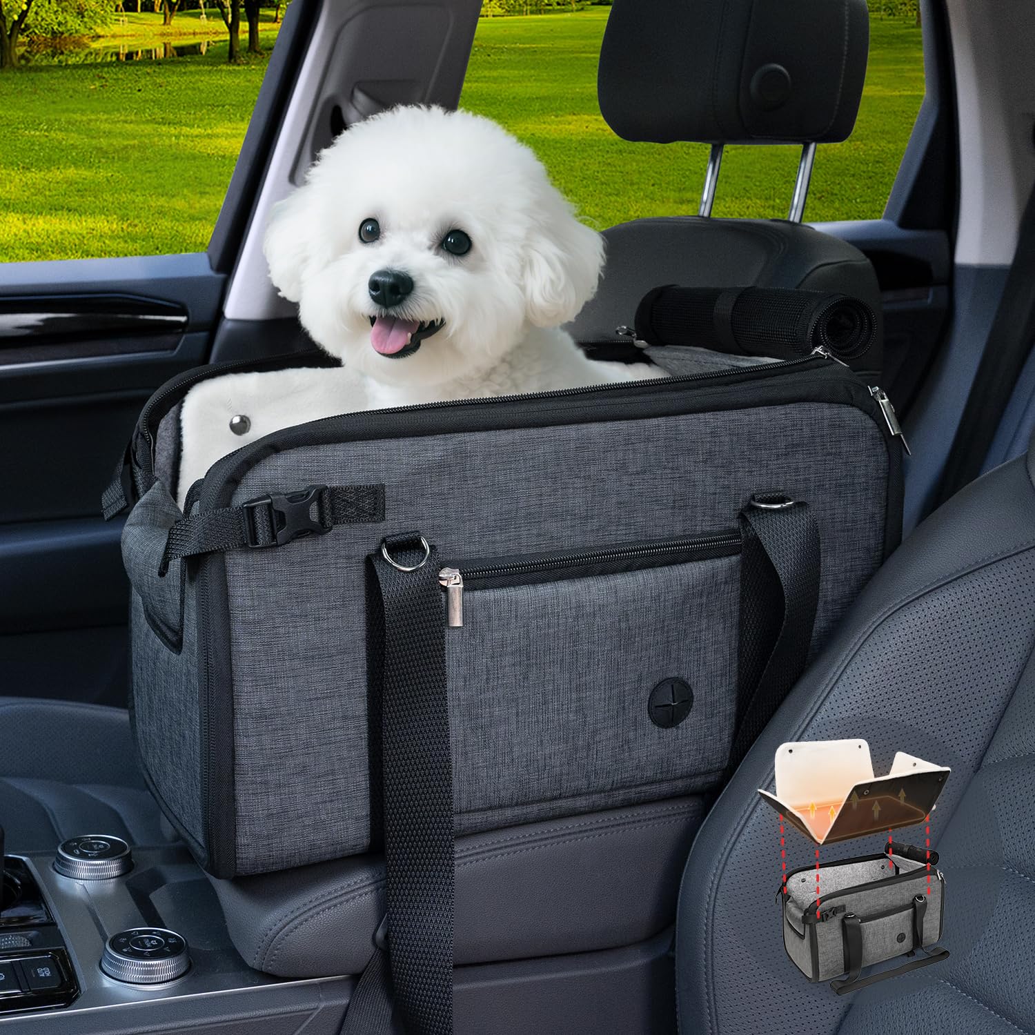 Photo 1 of YUDODO 10-20lbs Dog Car Seat (Width >9in) for Small Dog Large Center Console with Removable Velvet Cushion Luxury Puppy Cat Travel Portable Booster Seat Anti-Slip Pet Car Bed Carseat PU Leather Gray