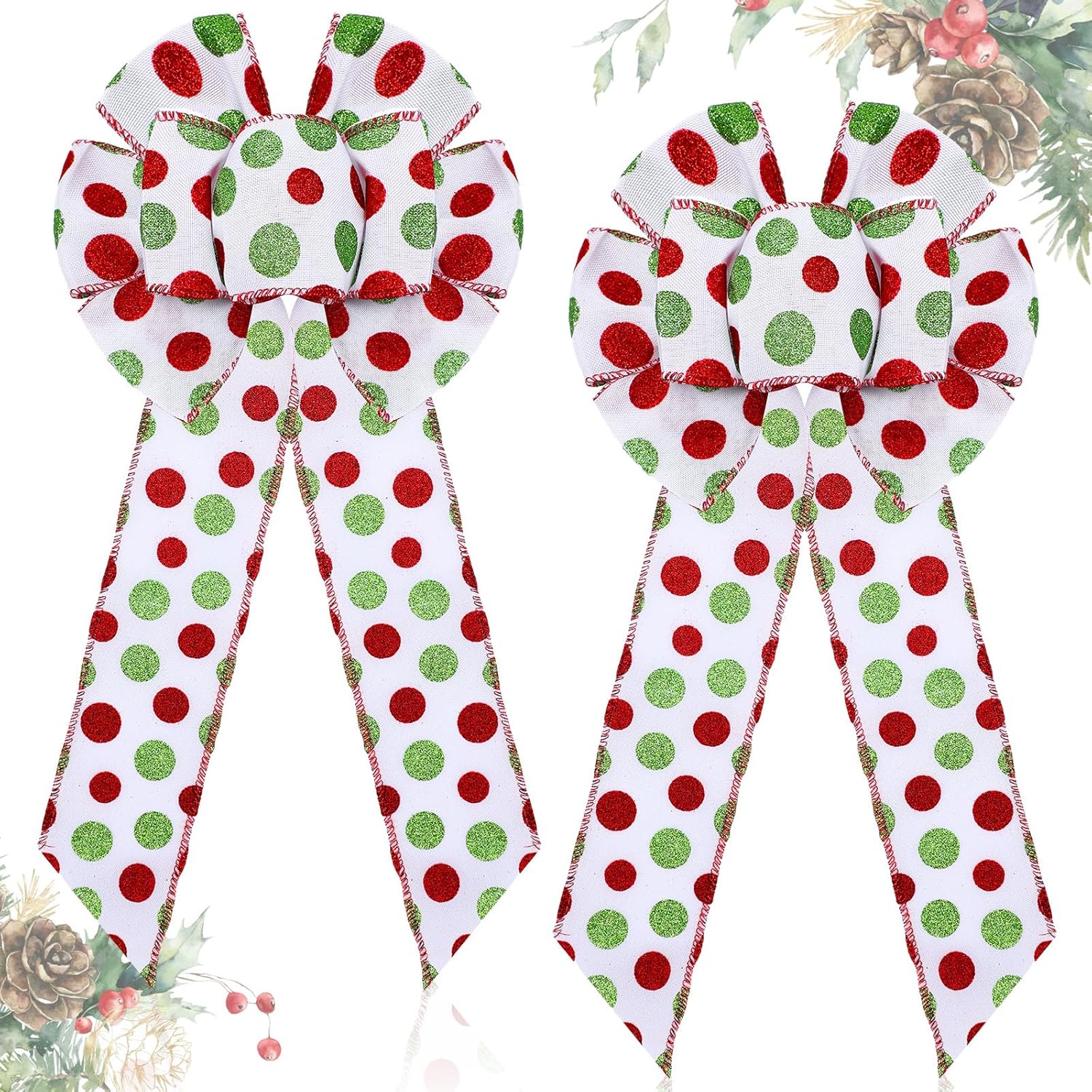 Bows & Ribbons - Chalyna 2 Pcs 18 Inch Red Green Christmas Bow for Wreath Large Wreath Bows Xmas Tree Dot Bows Ribbons Ornaments Tree Topper Bow for Garland DIY Crafts Wedding Home Party Decor (White, Dot Pattern)