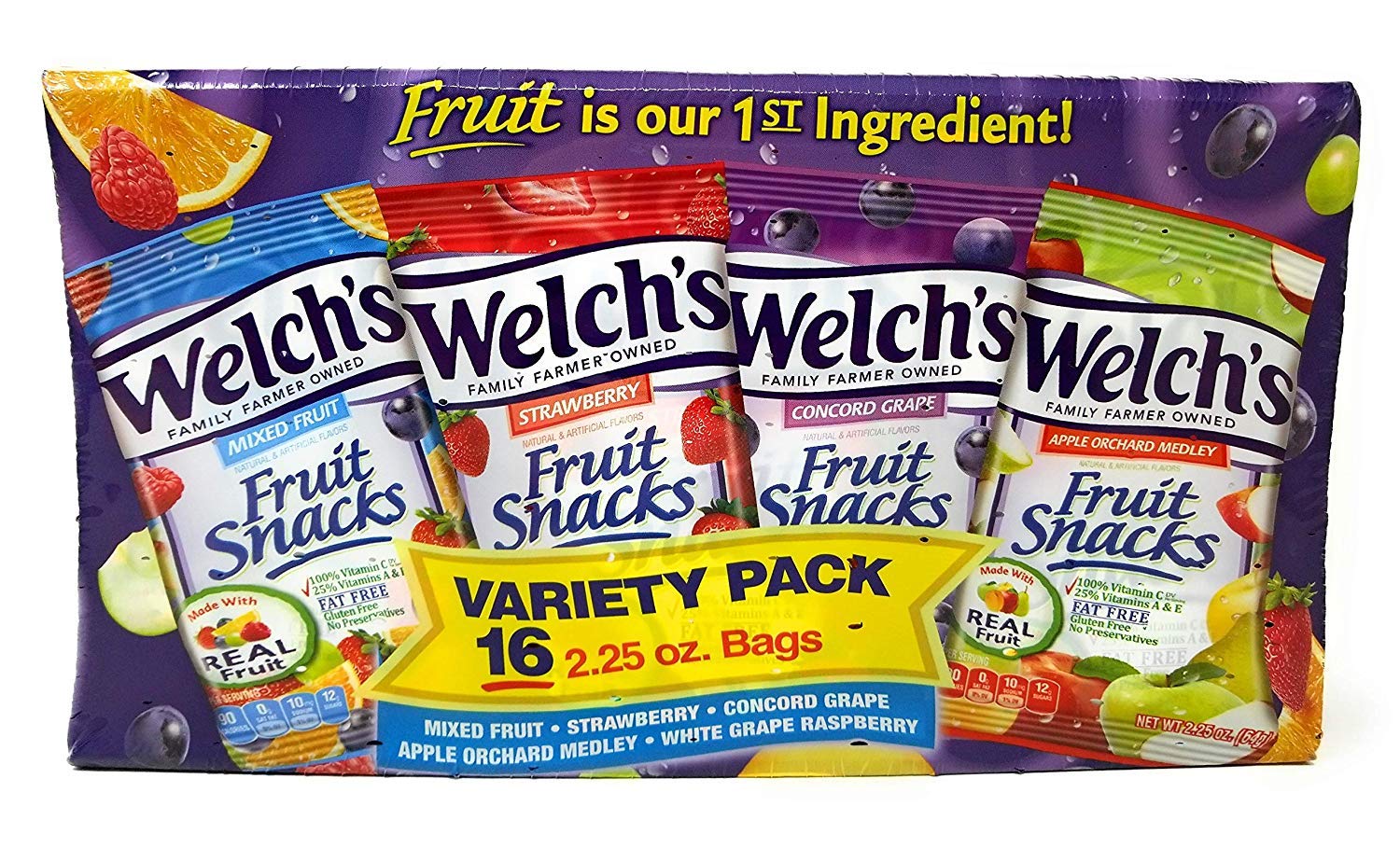 Welch's Variety Pack Bags of Fruit Snacks 5 flavor 16 pack, 2.25 oz