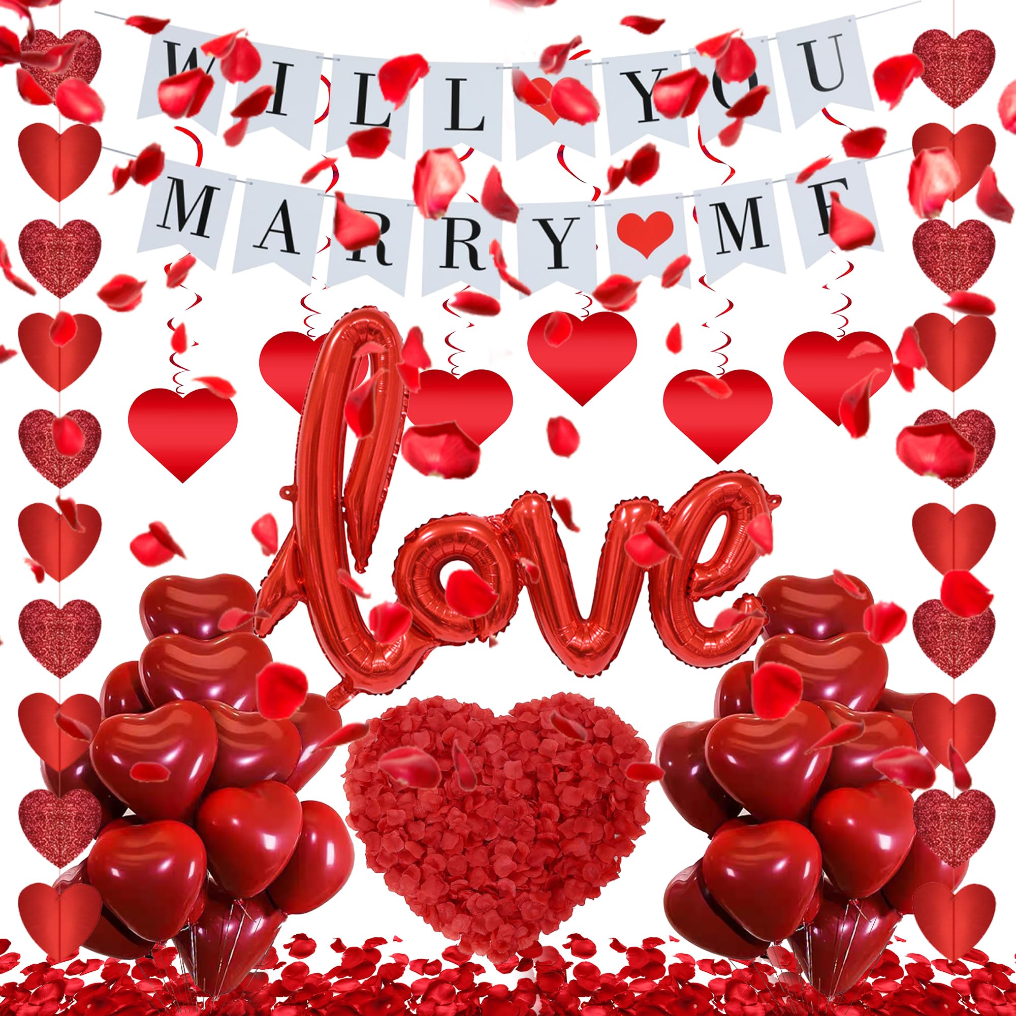 Will You Marry Me Decorations - 535 Pcs Romantic Wedding Proposal Decor Red Hearts Hangings Banner Heart Shaped Foil Balloons Hanging Swirls Rose Petals Engaged Supplies for Valentines Day Engagement