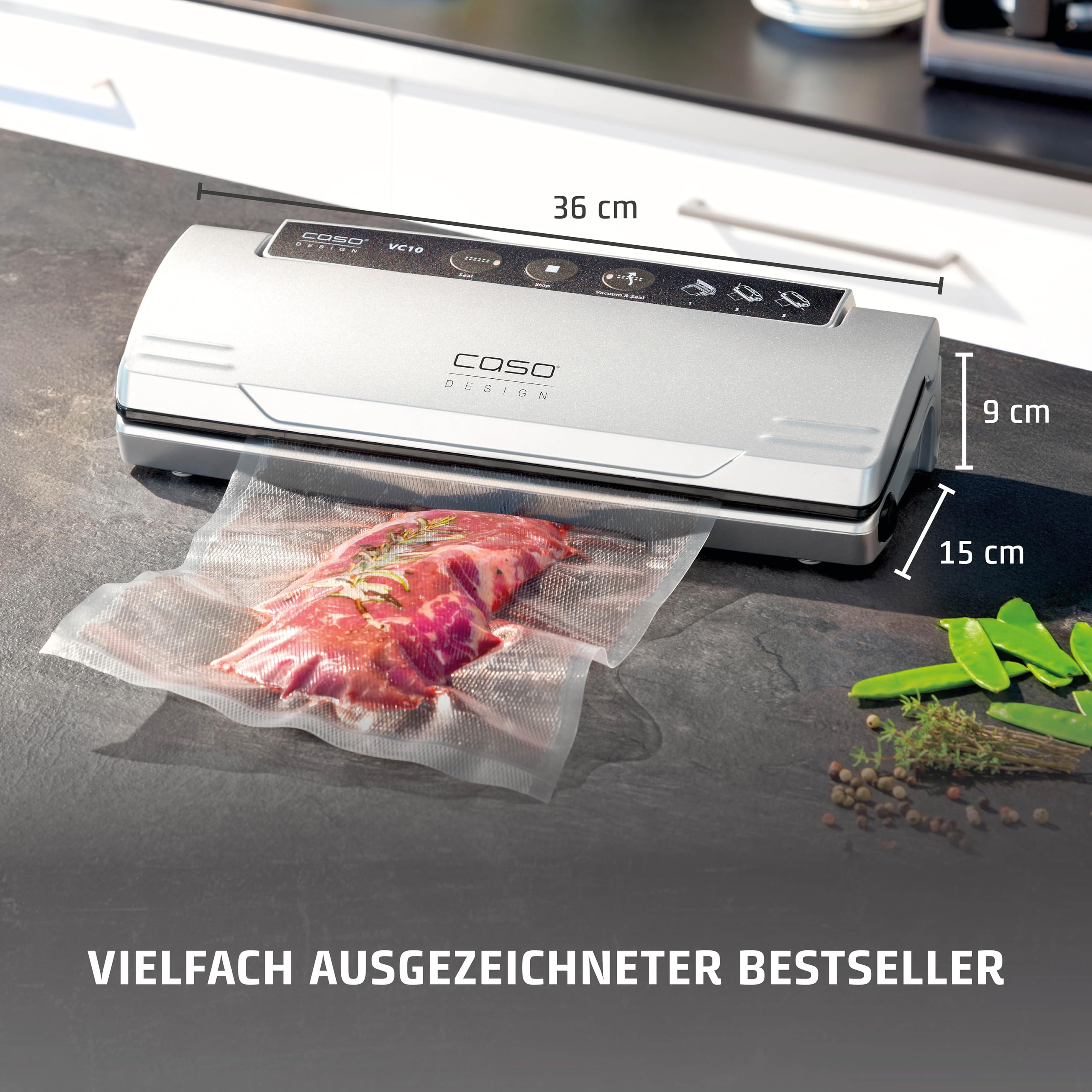 CASO VC10 Vakuumierer - Vakuumiergerät,Testurteil Sehr Gut, Lebensmittel bis zu 8x länger frisch, 30cm lange & stabile Schweißnaht, inkl. 10 Profi-Folienbeutel 3