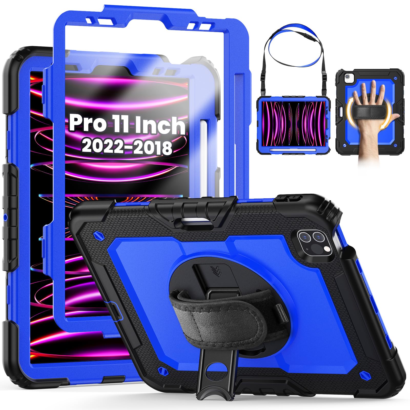 SEYMCY Case for iPad Pro 11 Inch 2022/2021/2020/2018 (NOT Fit 2024 Released Version), Full-body Shockproof with Rotating Stand & Hand Strap, Screen Protector, Pencil Holder, Carrying Strap, Blue