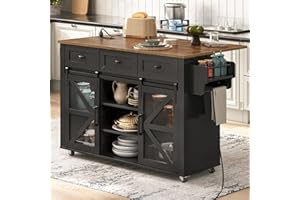 RALGEND Kitchen Island with Storage, 55" Kitchen Cart with Charging Station, Rolling Kitchen Island Table with Drop-Leaf, 3 Drawers, Barn Doors, Towel Rack and Spice Rack, Black and Rustic Brown