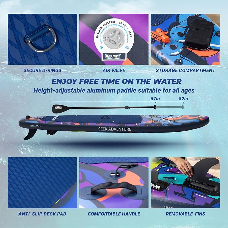 Tabla Paddle Surf Hinchable para Adultos 323×84×15 cm, Stand Up Paddle Board con Kit Completo, Remo Ajustable, Bomba, Mochila, Leash y 3 Quillas-Grafiti