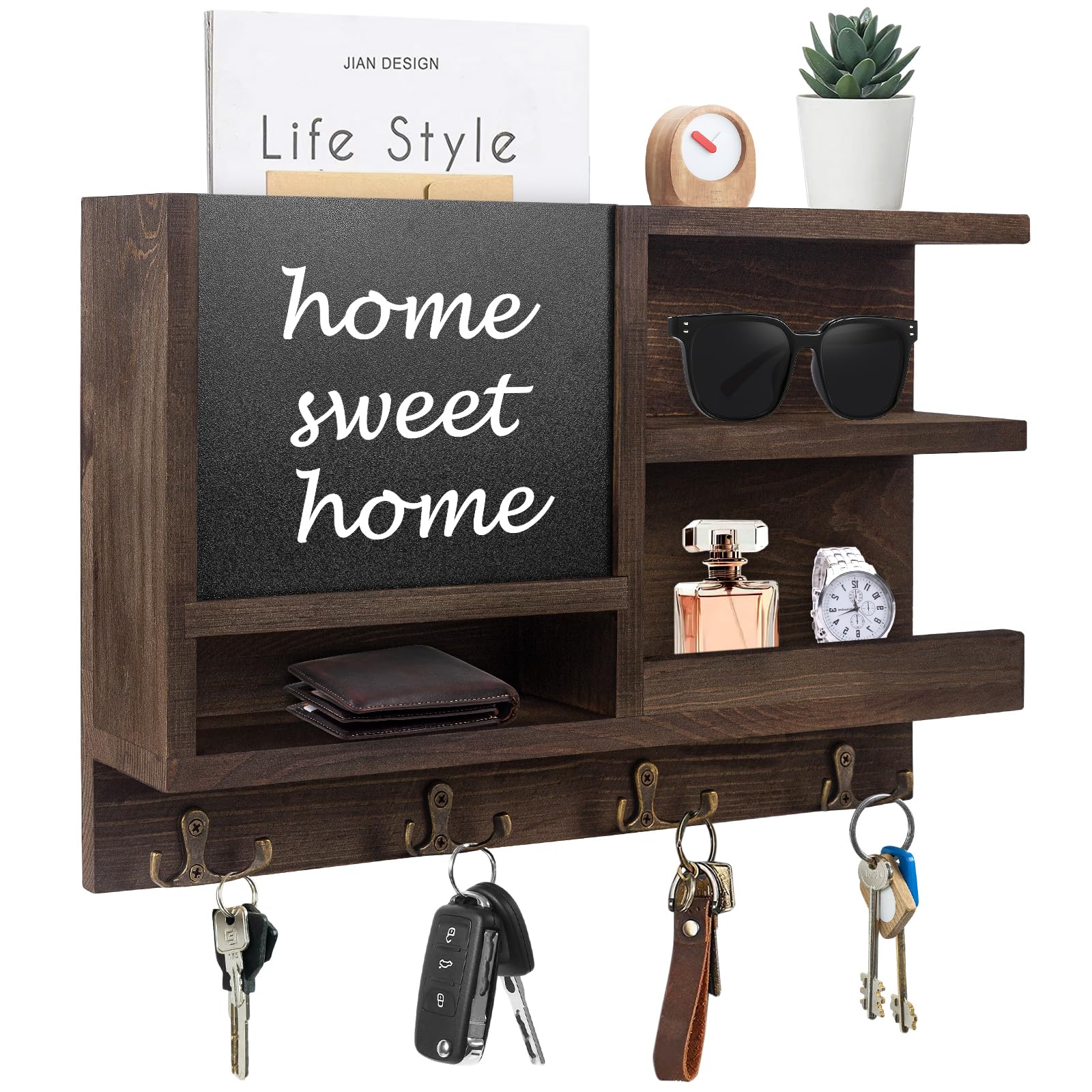 Photo 1 of WEWEOW Key Holder for Wall, Mail Organizer Wall Mount with Key Hooks and Chalkboard & Mirror for Sunglasses Storage and Dog Leash Hanger, Decorative with 4 Double Hooks