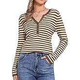 Allegra K Striped Sweater Tops for Women's Casual V Neck Long Sleeve Fall Winter Pullover Knitted Shirts