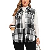 ZOMVA Plus Size 1X-5X Women's Flannel Plaid Long Vest Button Down Sleeveless Jacket Shacket Coat Casual Fall Fashion Outfits