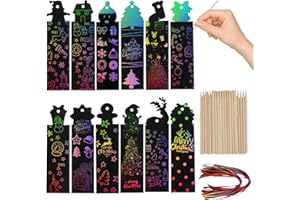 Koudindg 60 Sets Christmas Rainbow Scratch Bookmarks,Christmas Party Favors Scratch Art Ribbons Bamboo Stylus Office Crafts Sunday School Craft Cards Office Gifts for Students