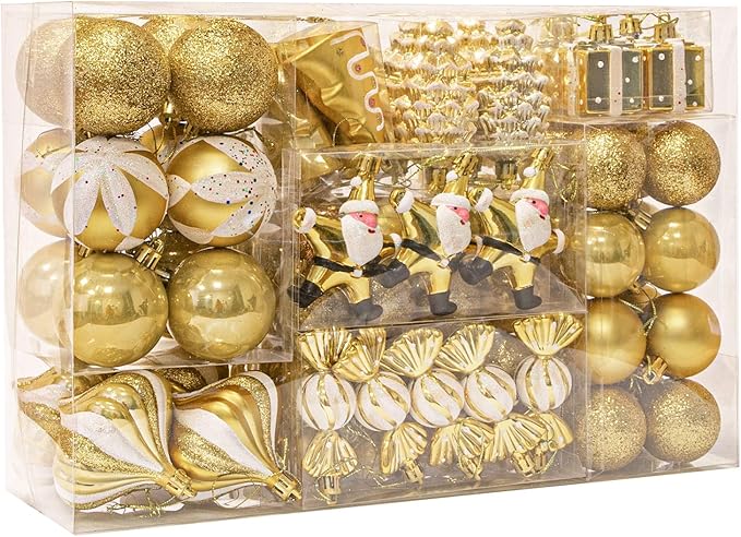 WBHome 105ct Assorted Christmas Ball Ornaments Set Gold