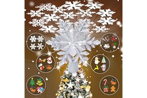 TKYHRMAS Christmas Tree Toppers Lighted with 6 Projection Modes, Christmas Snowflake Tree Topper with Built-in LED Rotating Lights, Silver 3D Glitter Projection for Xmas Party Holiday Decorations
