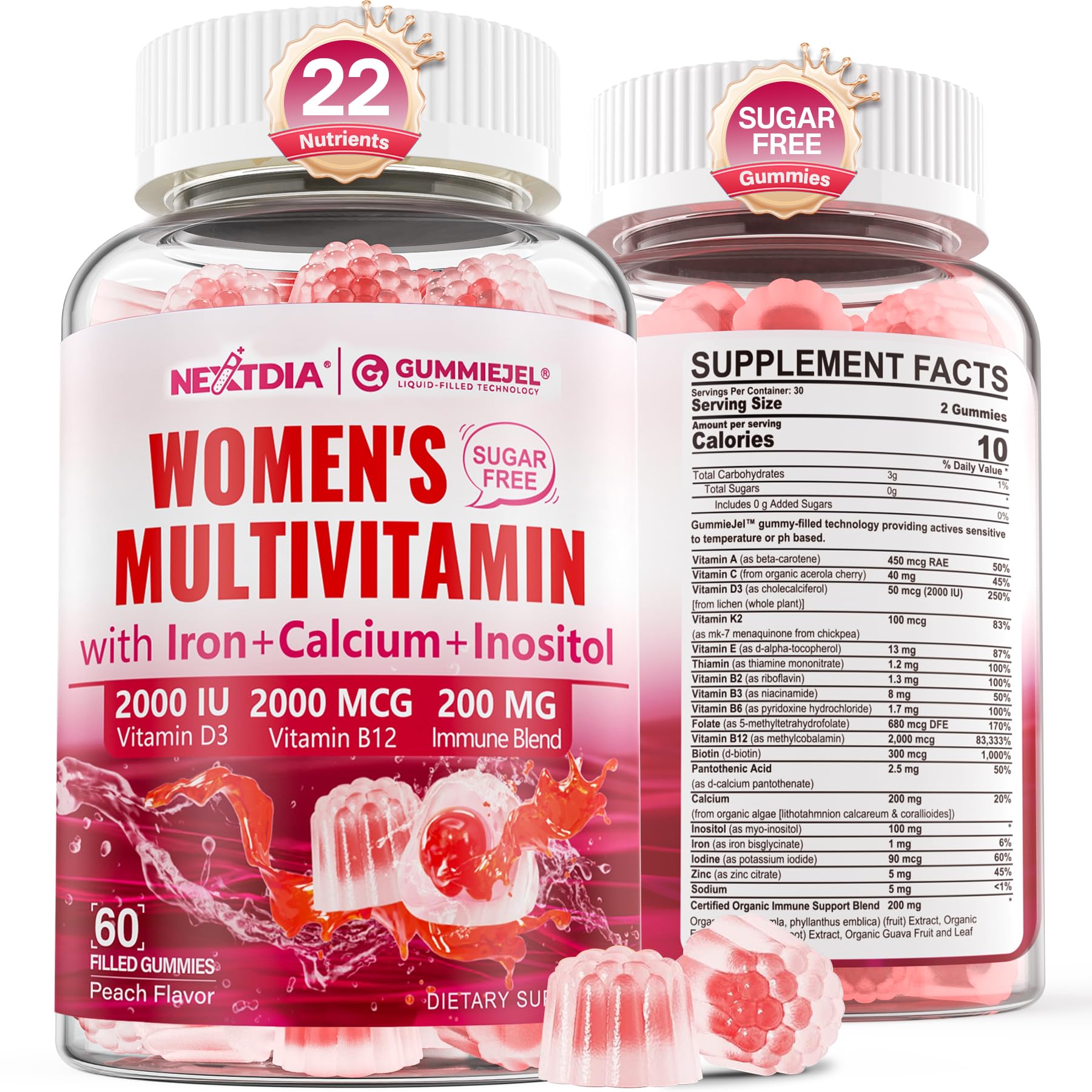 Methylated Multivitamin for Women Gummies, Calcium, D3 K2, Methylfolate & B12, Inositol, Daily Vitamin A C E, B Complex, Biotin, Zinc, Iron -Energy, Immune, Bone, Skin, Hair, Sugar Free, 60Cts Image