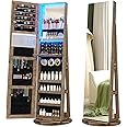 Vlsrka LED Light Jewelry Cabinet with Full Length Mirror 360° Swivel, Large Jewelry Organizer Armoire Lockable Free Standing Mirror with Jewelry Storage, Inside Makeup Mirror, Foldable Makeup Shelf