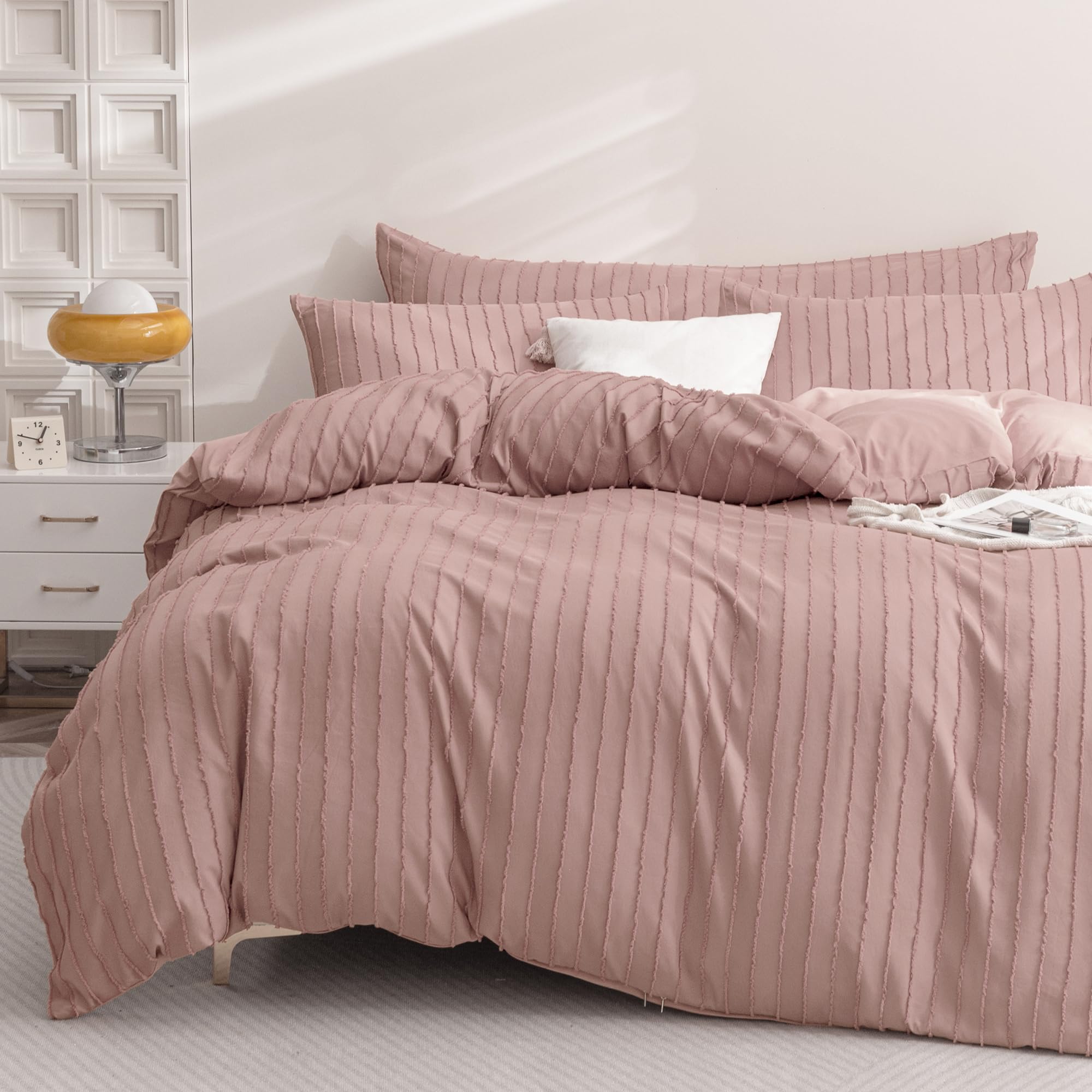 JELLYMONI Duvet Cover Full Size Smokey Pink - 3PCS Boho Striped Duvet Cover Set Polyester Tufted Bohemian Textured Comforter Cover 80×90in with Corner Ties & Zipper and 2 Pillowcases Image