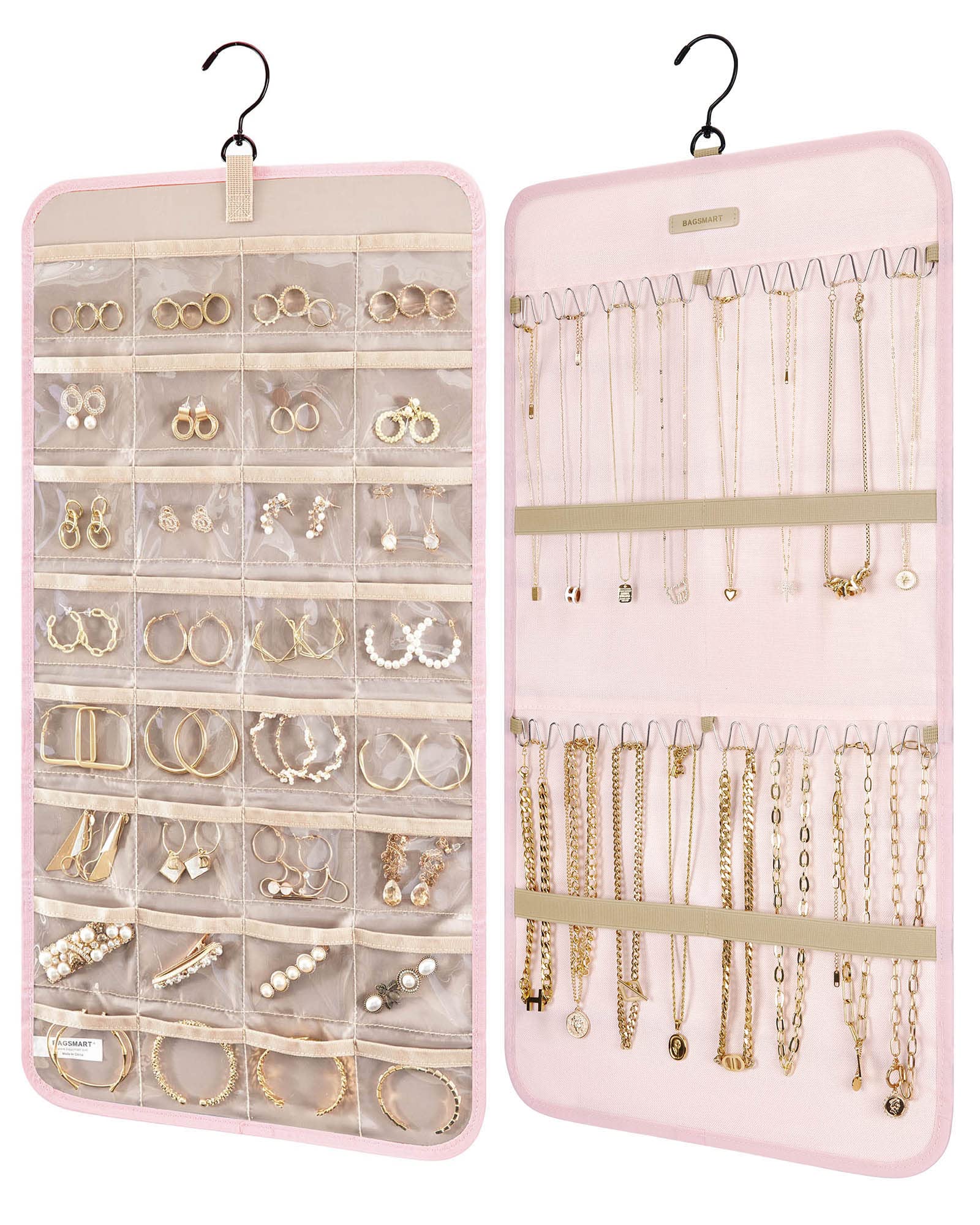 bagsmart Dual-sided Jewelry Organizer Hanging with Metal Hooks,32 Pockets and 2 Wave-Shaped Hooks,Jewelry Roll for Earrings,Necklaces,Rings on Closet,Wall,Door,1 piece, Small, Pink