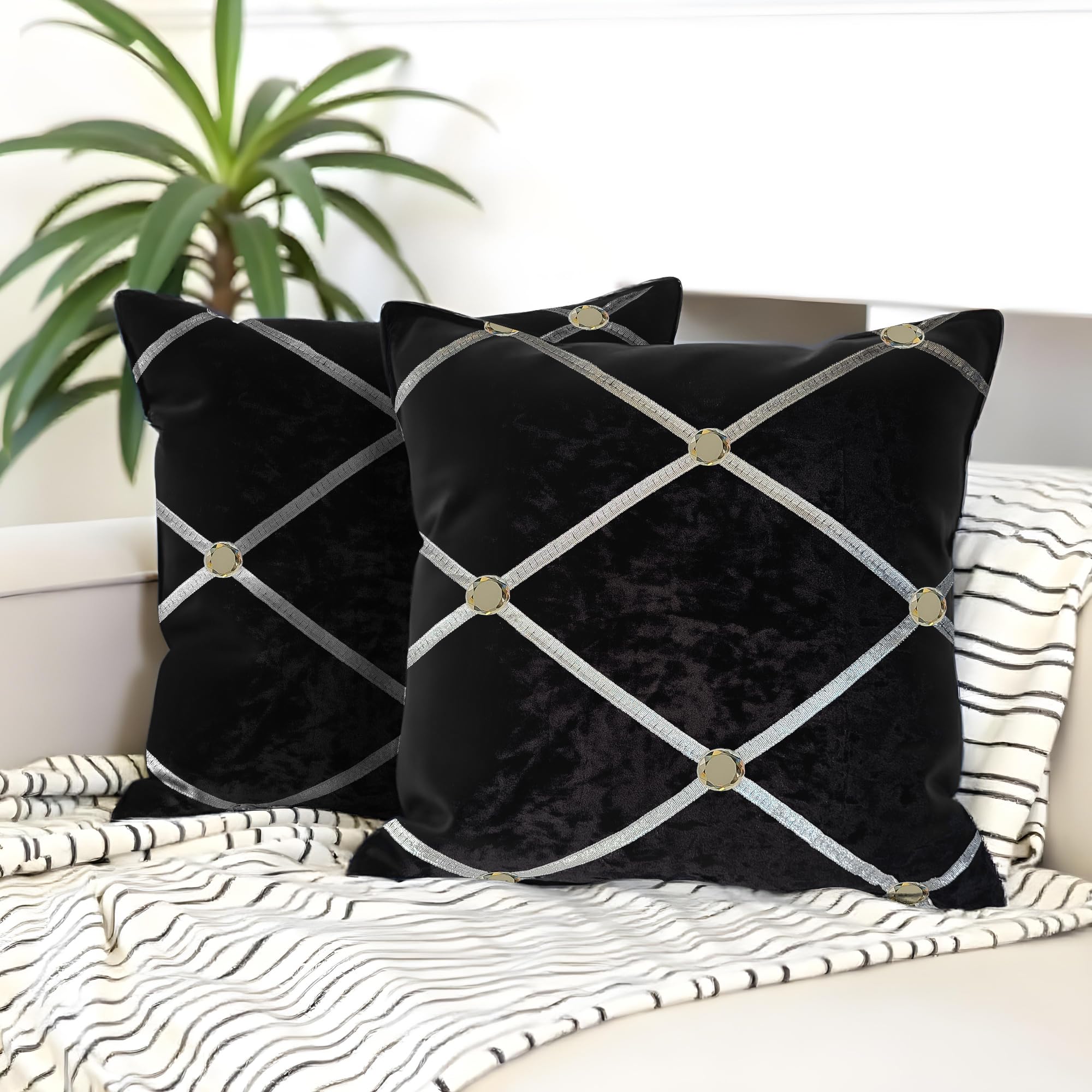Anything 4 you Velvet Throw Pillow Covers Set of 2-45 x 45 cm (18 x 18 inch) Black Cushion Cover with Luxury Diamond Rhinestone Design and Invisible Zipper - Ideal for Living Room, Sofa & Bedroom