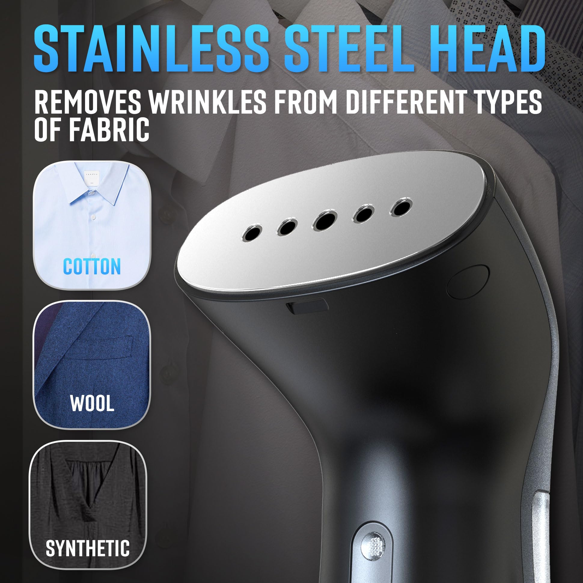 Steamer for Clothes for Europe 220V, Handheld Portable Travel Garment Steamer, Metal Steam Head, 25s Heat Up, Pump System, Mini Size, Hand Held Steamer for Any Fabrics, Black