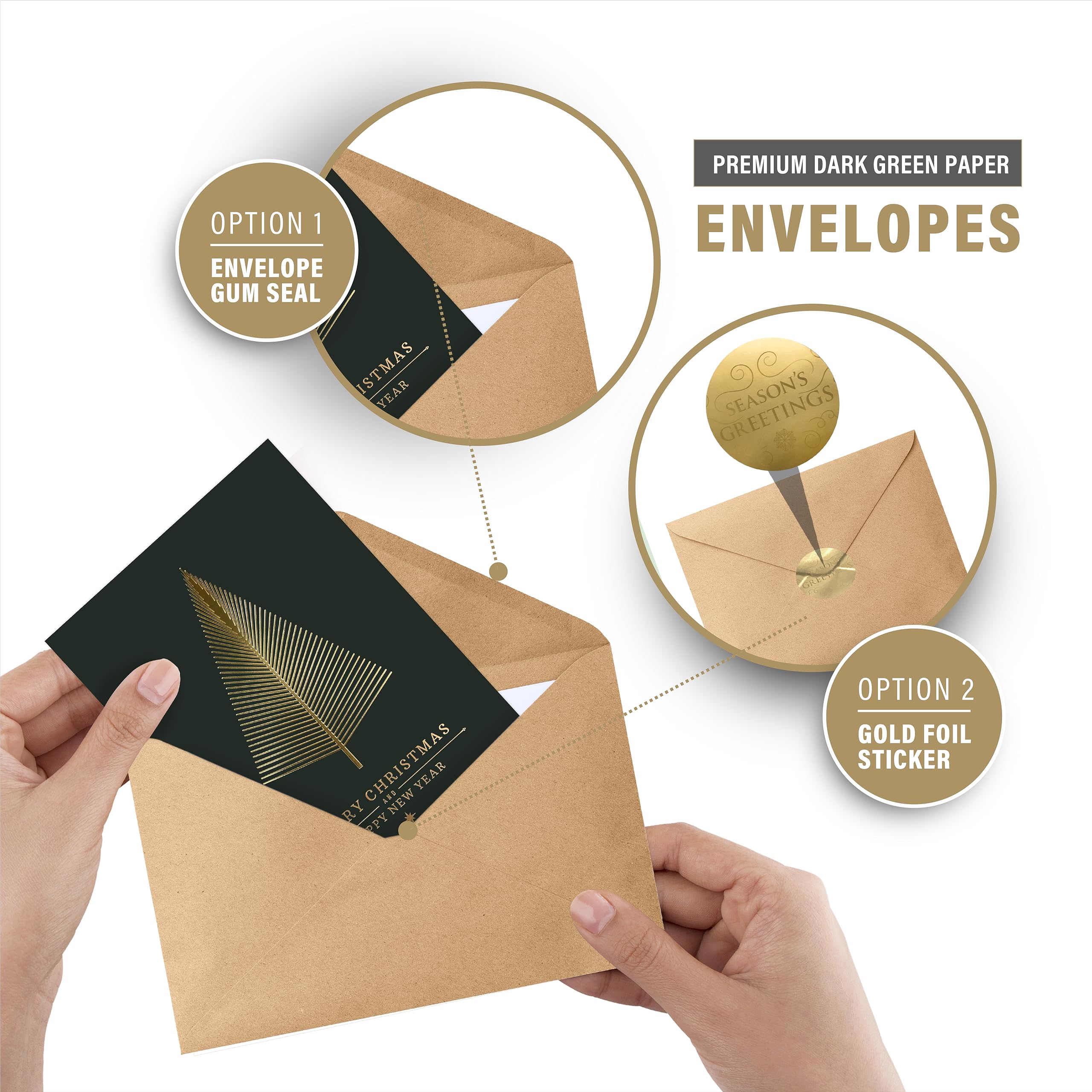 easykart labels 20 Gold Foil Christmas Greeting Cards with Envelopes | Dark Green Col & Embossing on Christmas Tree | 5.75 x 4.25 Inch Merry Christmas Cards with Seal Stickers For Friends , Family and loved Ones