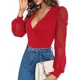 Fayenne Womens Tops Deep V Neck Cross Wrap Sexy Tops Polka Dot Mesh Long Sleeve T Shirt Casual Blouses