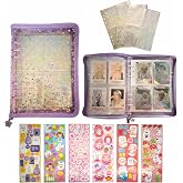 A5 Kpop Photocard Binder Zipper, Star Glitter Cover | 200 Pockets (20 Clear + 10 Holographic Heart Pages), PVC Free Sleeves, 6 Stickers, Collect Book for 3" Cards Instax Mini