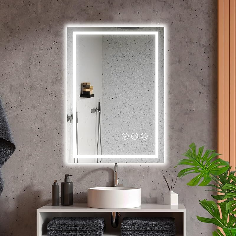Espejo Baño con Luz 50x70cm, Espejos de Baño con LED con Antivaho, Regulable, 3 Colores Luz, Función Memoria