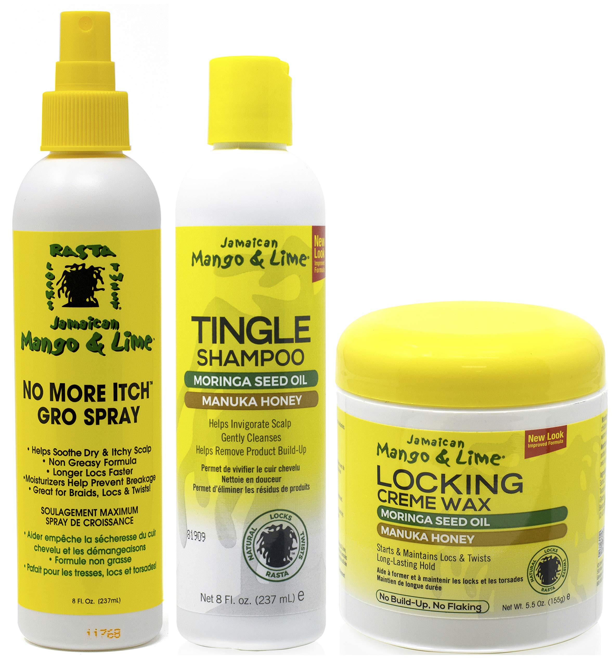 Jamacican Mango & Lime No More Itch Grow Spray 8oz with Tingle Shampoo 8oz & Locking Creme Wax 6oz