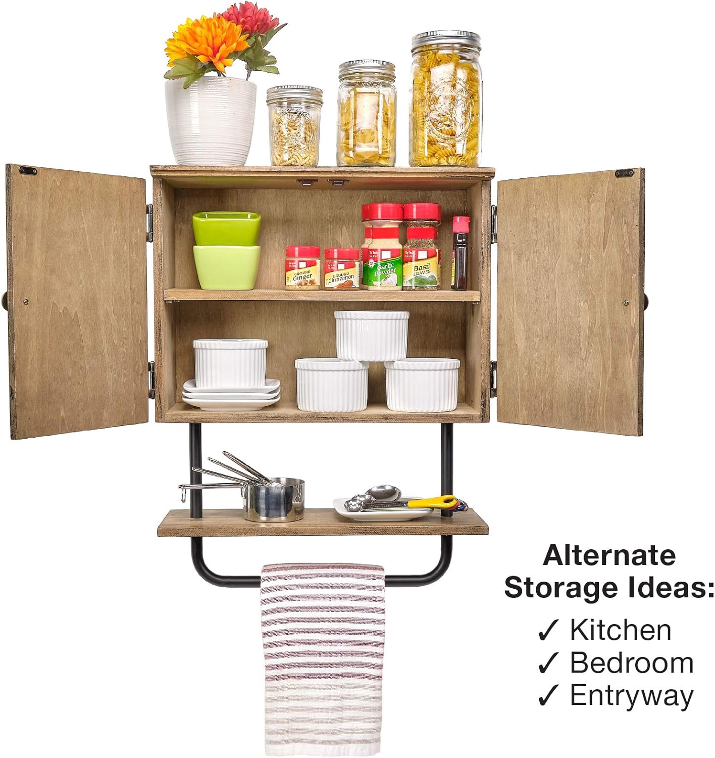 Excello Global Products Barndoor Bathroom Wall Cabinet, Space Saver Storage Cabinet Kitchen Medicine Cabinet with Adjustable Shelf and Towel Bar, Rustic Brown: Home & Kitchen