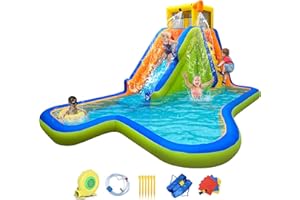 RETRO JUMP Inflatable Water Slide,6 in 1 Water Park Outdoor Backyard,Waterslide Water Bounce House with Slide,Splash Pool,Climbing Wall,Sprinklers,Bouncy Castle for Wet and Dry,Blower Included