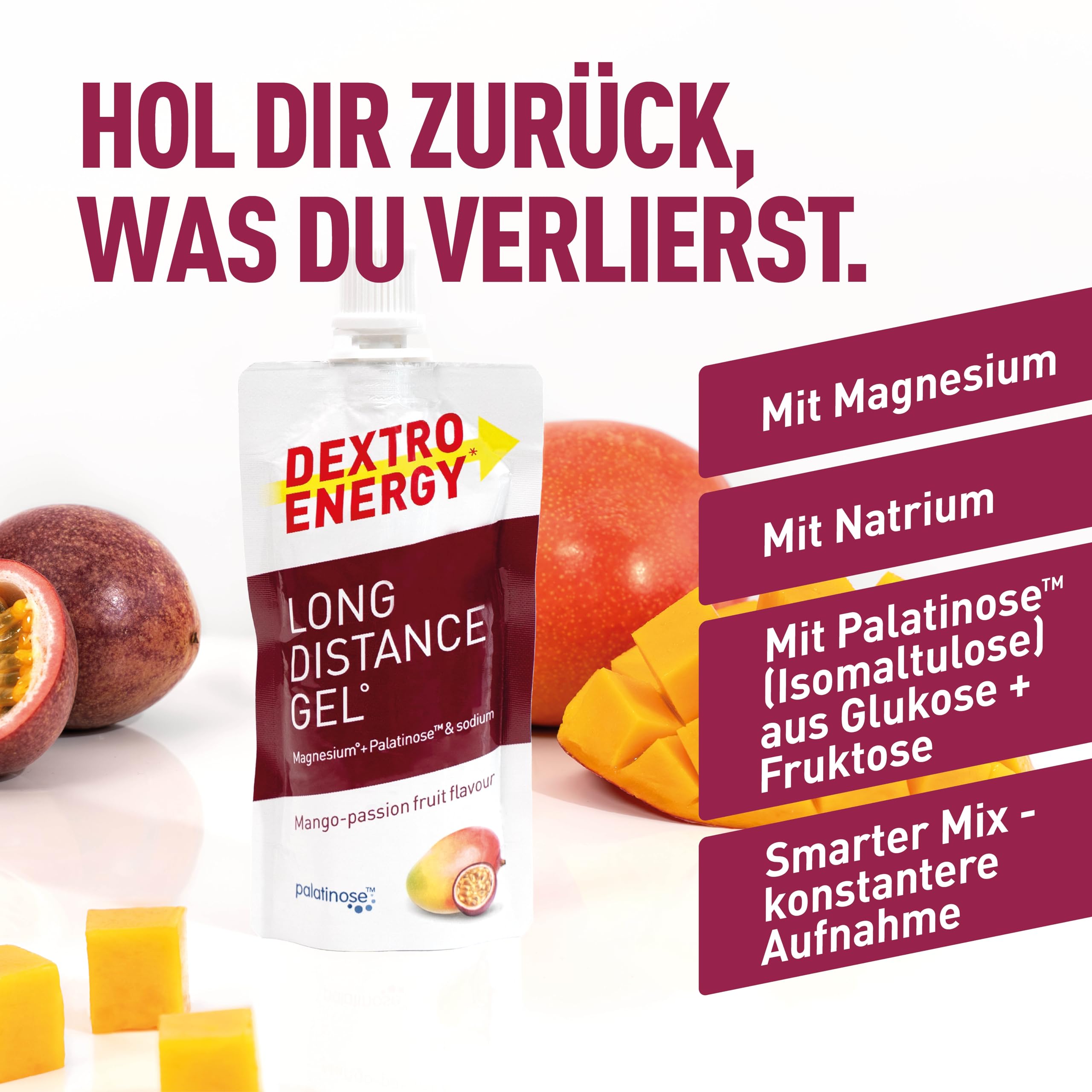 Dextro Energy Long Distance Gel Mango Passionfruit + Magnesium und Natrium - 12x50ml (12er Pack) - High Carb Energy Gel mit Palatinose und Elektrolyte 4