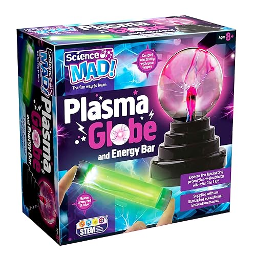 Science Mad - Plasma Globe & Energy Bar 2-In-1 Kit for Kids - Explore Fascinating Properties of Electricity - Multiple Flashing Colours - Control Plasma With Fingers, STEM, 8+ Years