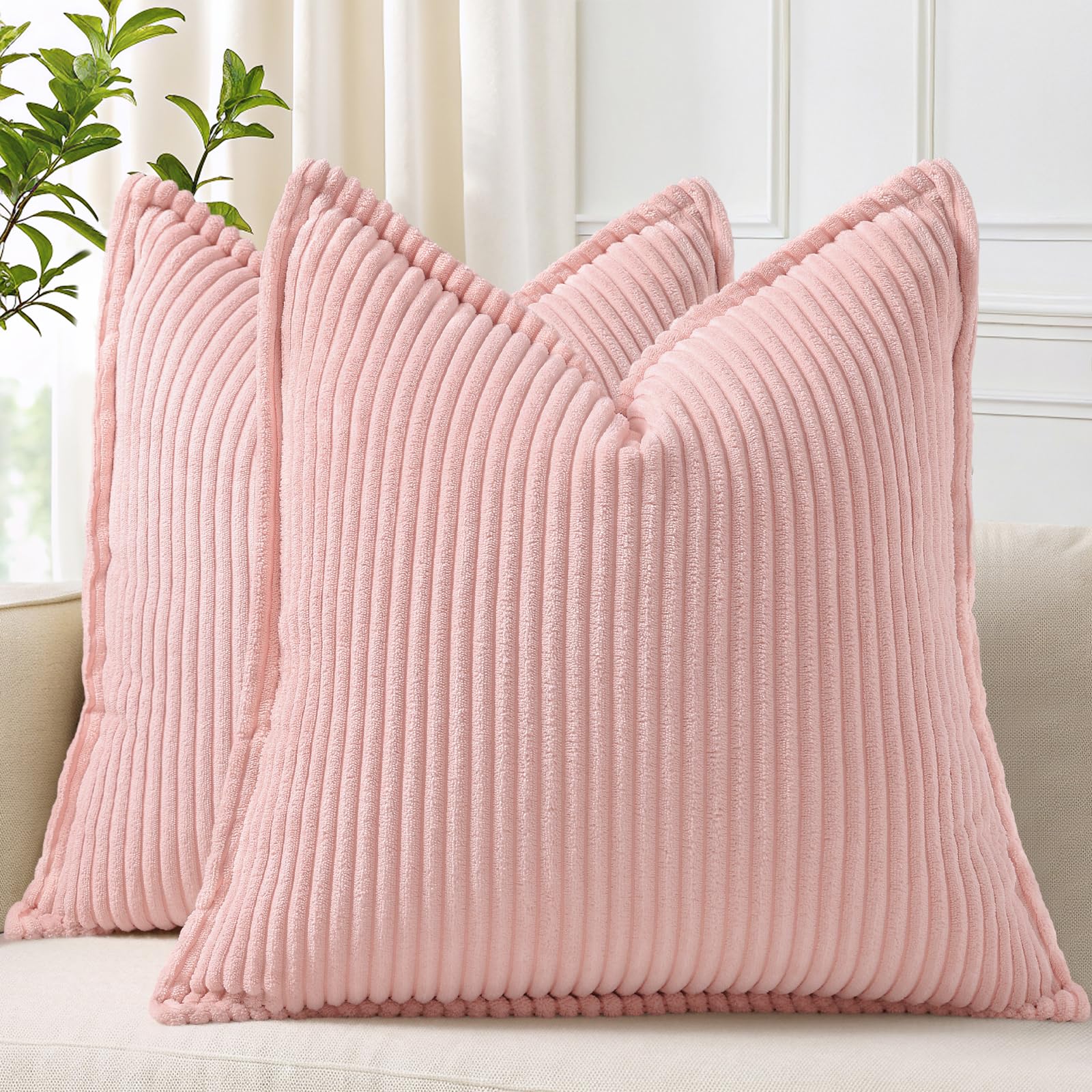Photo 1 of decorUhome Spring Corduroy Pink Throw Pillow Covers 18x18 Set of 2 Decorative Soft Boho Farmhouse Couch Pillow Covers for Living Room Bed Sofa Broadside Striped Pillow Cases