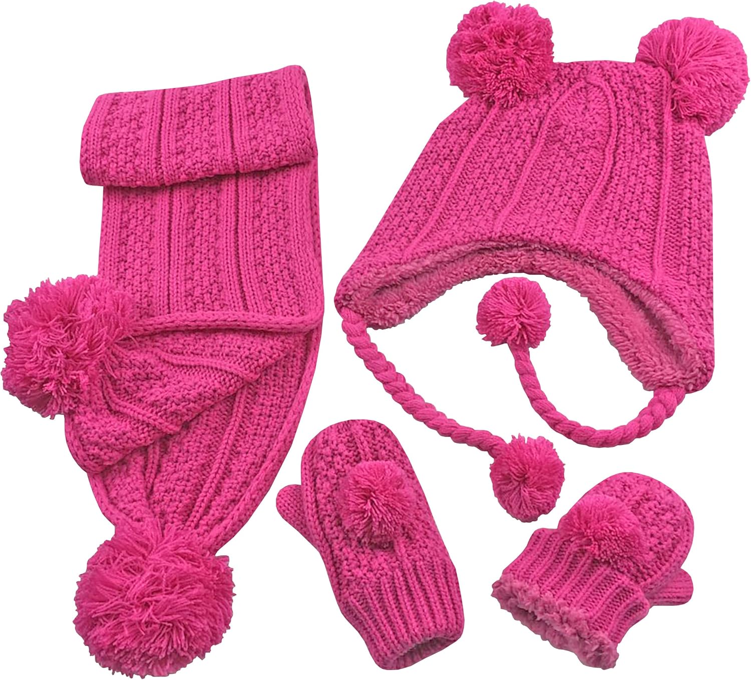 N'Ice Caps Little Girls and Baby Sherpa Lined Knitted 3PC Winter Set with Poms: Clothing