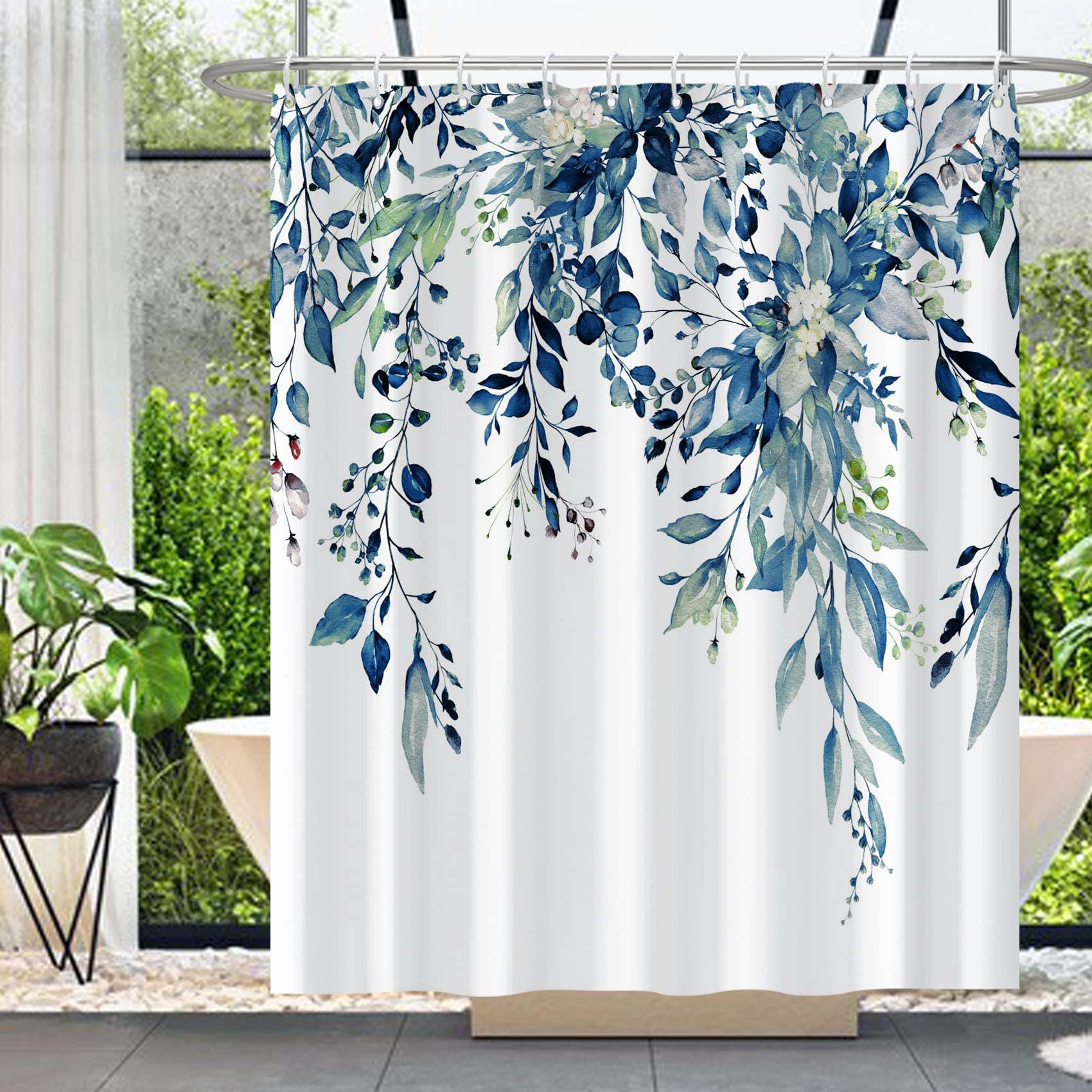 MIRRORANG Stall Shower Curtain, Blue Floral Bathroom Shower Curtain Mildew & Mould Resistant Polyester Bath Curtains 10 Hooks, Waterproof Quick-Drying Plant Shower Curtain(152 x 183 cm) (YFX07440) — image 1