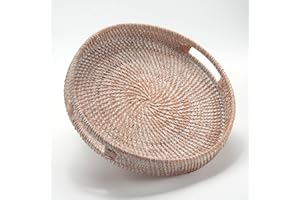 DECRAFTS Round Rattan Serving Tray Decorative Woven Ottoman Trays with Handles for Coffee Table White (Small 11.8 inch x 2.4 inch)