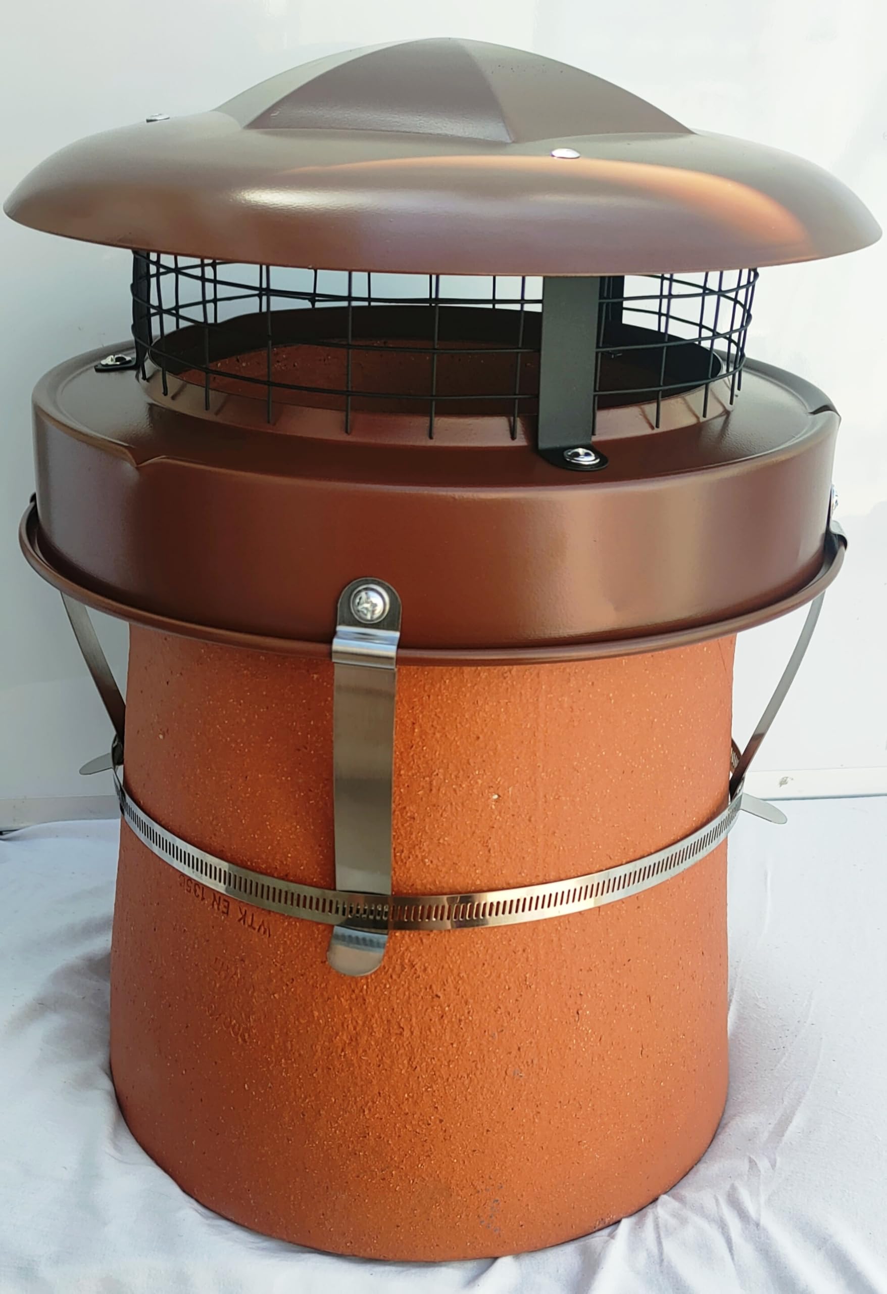StoveMaestro Anti downdraught chimney pot cowl bird guard Terracotta colour, strap fix