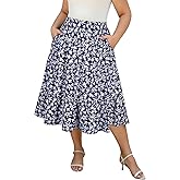 Younrui Women's Plus Size Casual Summer Midi Skirt with Pockets 1X-4X Tiered Lightweight A-line Skirts