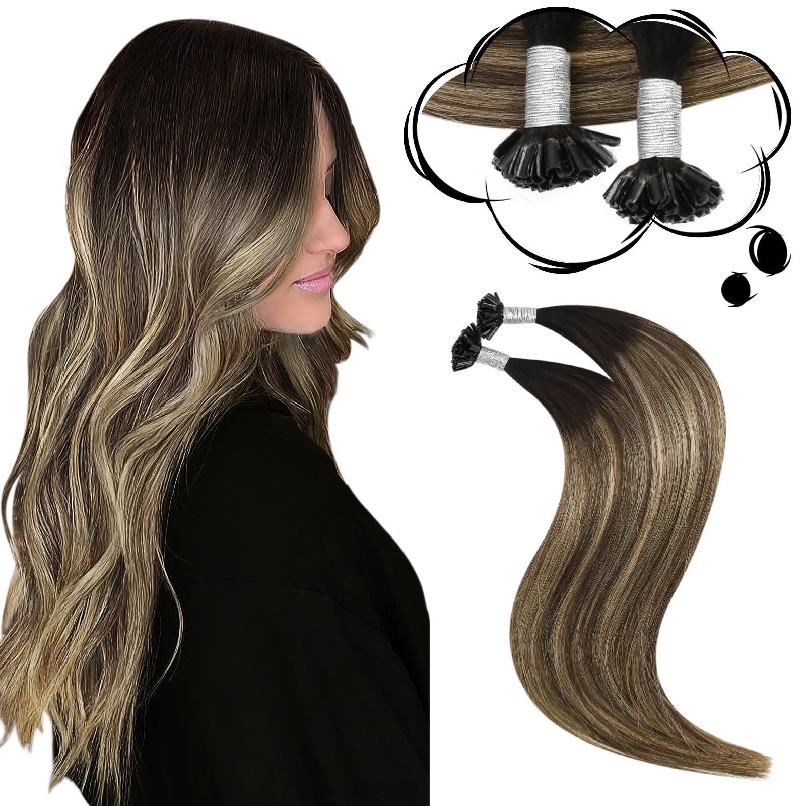 Moresoo U Tip Hair Extensions Real Human Hair 24 Inch Balayage Natural Black to Dark Brown and Caramel Blonde Pre Bonded Hair Extensions 50s 50g/Pack #1B/3/27 — image 1