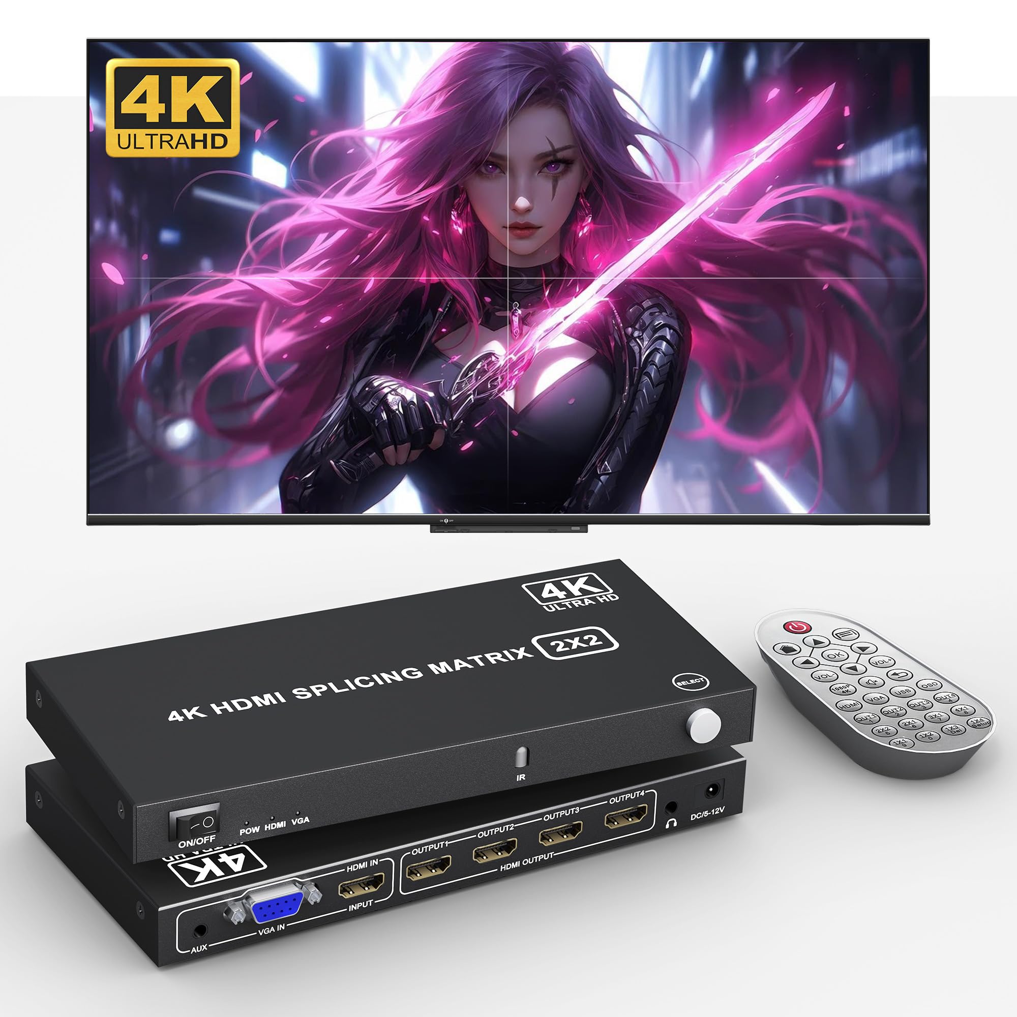 Photo 1 of 4K Video Wall Controller 2x2 TV Wall Controller 4x1 - HDMl Video Wall Processor with Remote, 8 Splicing Modes, HDMI/VGA Inputs, Splicing Display for 4 TV Screens into 1 Wall Display