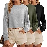 Ficerd 3 Pack Cotton Cropped Long Sleeve Tops for Women Loose Fit Crew Neck Drop Shoulder Crop T Shirts Basic Tee