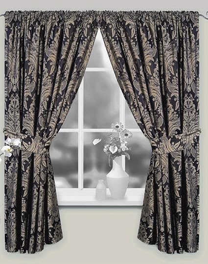 Lined Curtains Pencil Pleat Charcoal Gold Jacquard Finish