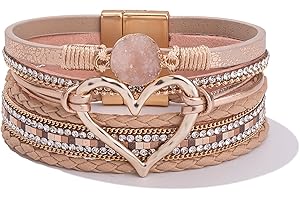 FANCY SHINY Heart Leather Wrap Bracelets Stackable Boho Cuff Bangles Trendy Resin Stone Rhinestone Bracelets with Magnetic Clasp for Women Mother Gift Jewelry