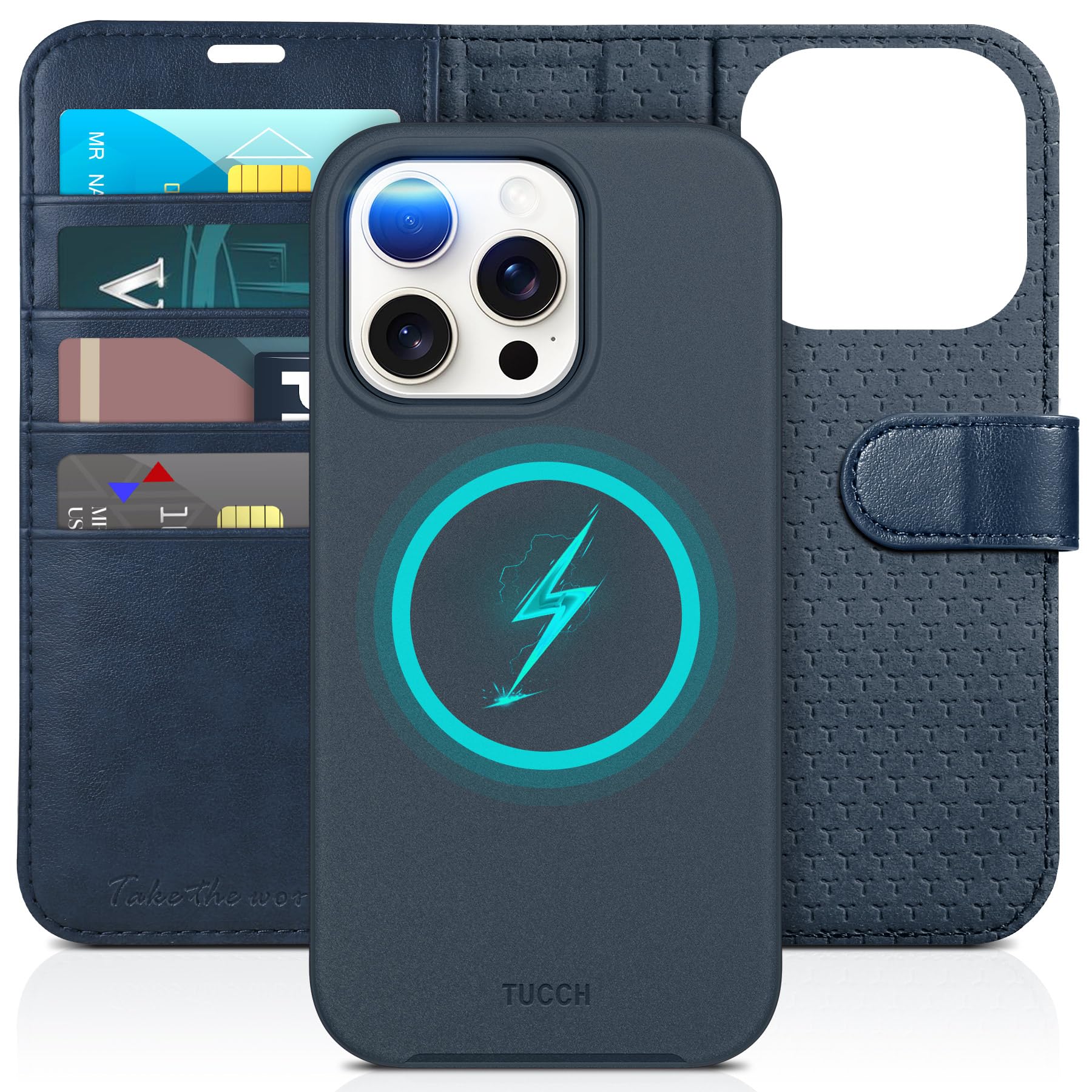 TUCCH Case for iPhone 15 Pro 2023, Detachable 2 in 1 Wallet Cover with[RFID Blocking][Wireless Charging][Card Holders][Viewing Stand]Shockproof Magnetic PU Leather Removable Flip Folio Case, Dark Blue