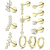 YADOCA 20G Helix Piercing Jewelry Flat back Cartilage Earrings for Women Hypoallergenic Surgical Steel Gold Cartilage Hoop Earring Set Daith Tragus Conch Flat Back Stud Earrings