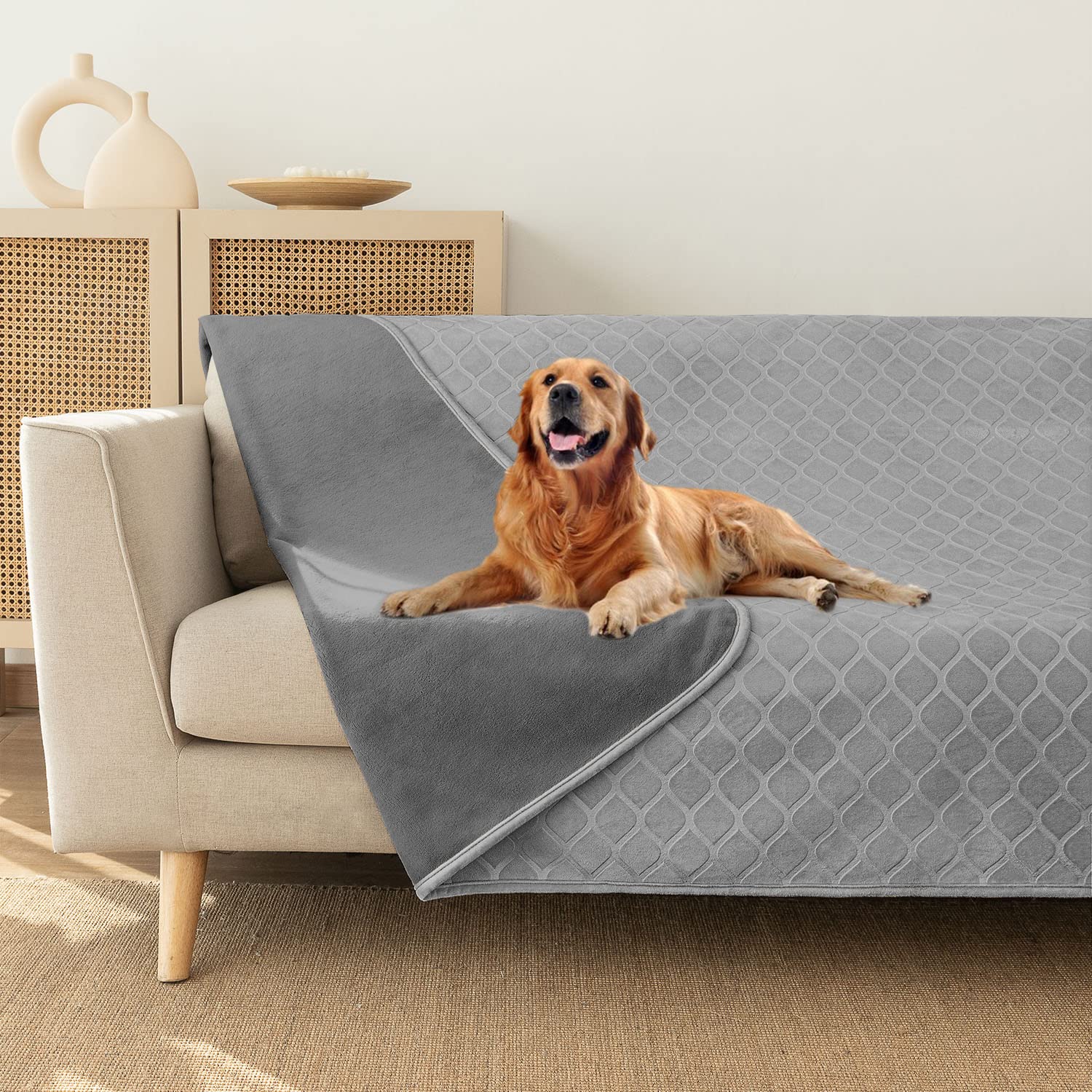 Photo 1 of fuguitex Waterproof Dog Blanket Bed Cover Dog Crystal Velvet Moroccan Fuzzy Cozy Plush Pet Blanket Throw Blanket for Couch Sofa(52 * 82 inch, Light Grey+Grey)