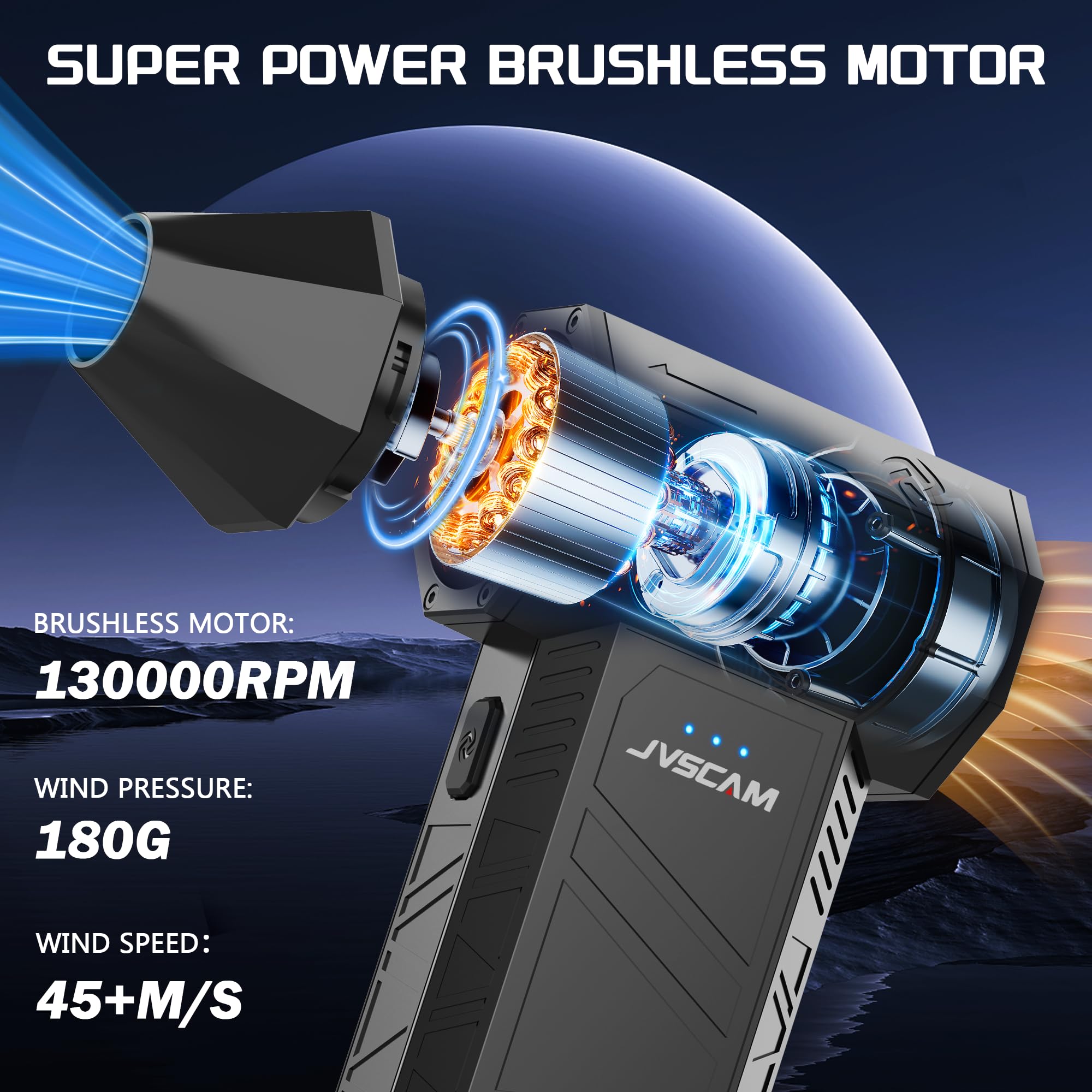 JVSCAM Compressed Air Duster - Electric Air Duster with Brushless Motor - 3 Gear Adjustable Cordless Air Blower - Rechargeable Air Duster for PC, Keyboard, Car, Outdoors, Home (X3)